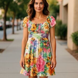 Suzi Chin Vibrant Floral Pleated Short Cap Sleeve Midi Silk Dress Women’s Size 8